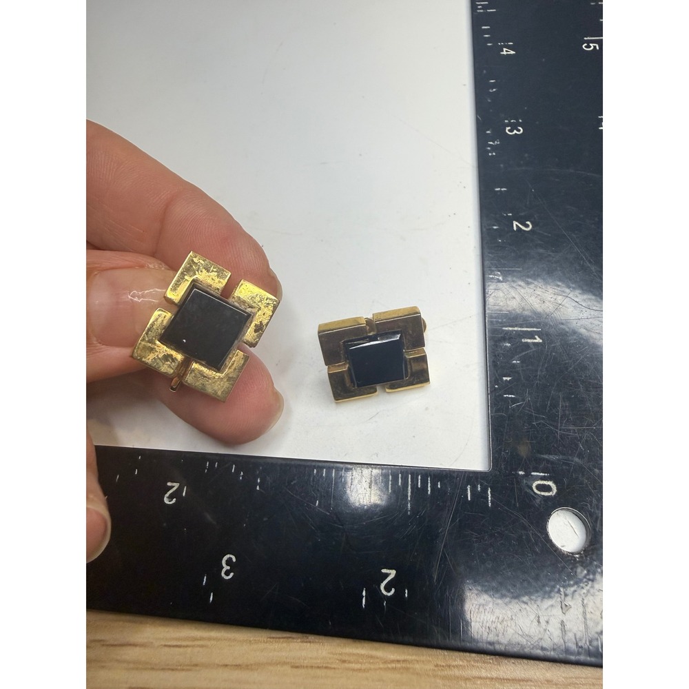 Crown Trifari Gold Tone Black Enamel Geometric Brutalist Clip On Earrings